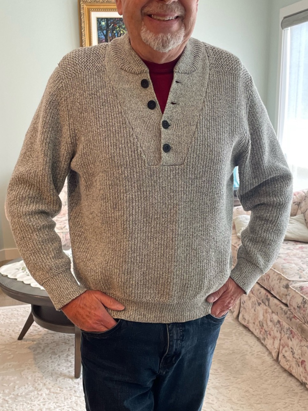 Eddie Bauer Men's Light Gray Shawl Collar Button Neck Sweater
